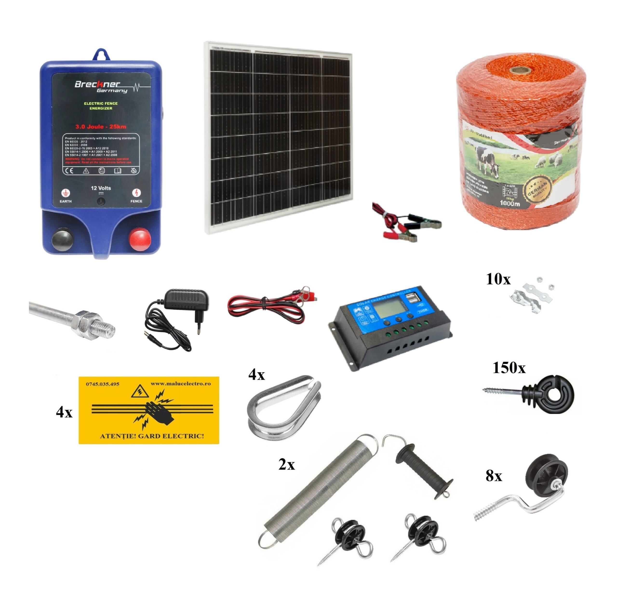 Pachet gard electric complet 1000m, 3J, cu PANOU SOLAR 20W, animale domestice 2