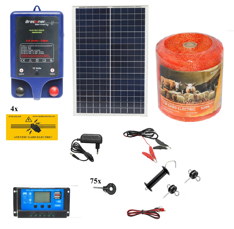 Pachet gard electric complet 0.5km, 3J, cu PANOU SOLAR 20W, animale domestice