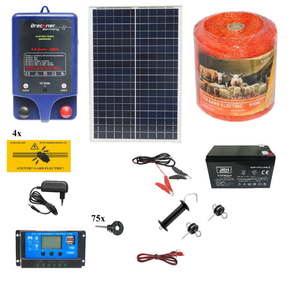 Pachet gard electric cu acumulator 0.5km, 3J, cu PANOU SOLAR 20W, animale domestice